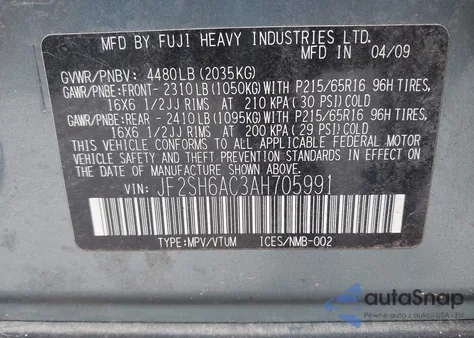 2010 Subaru Forester 2.5X from USA, damaged, VIN JF2SH6AC3AH705991